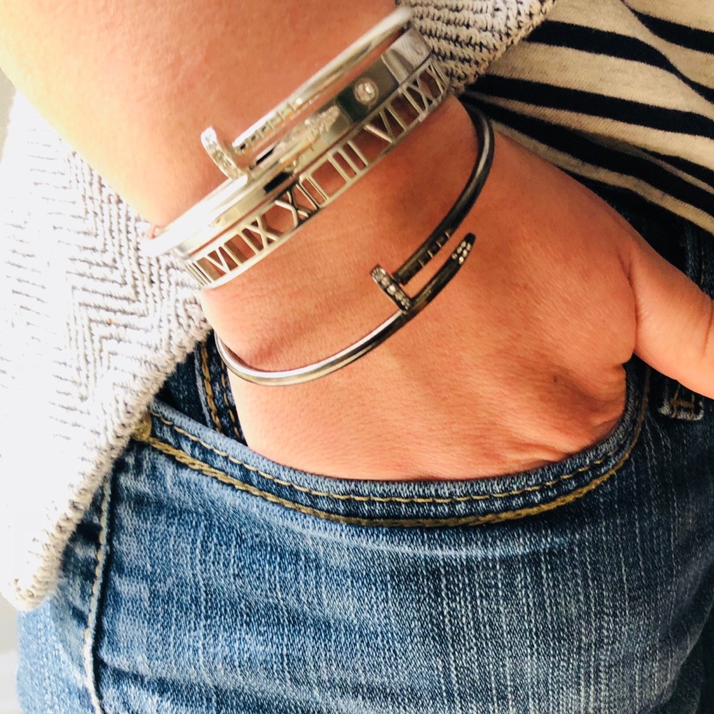 Silver nail bracelet crystals bangle stackable
